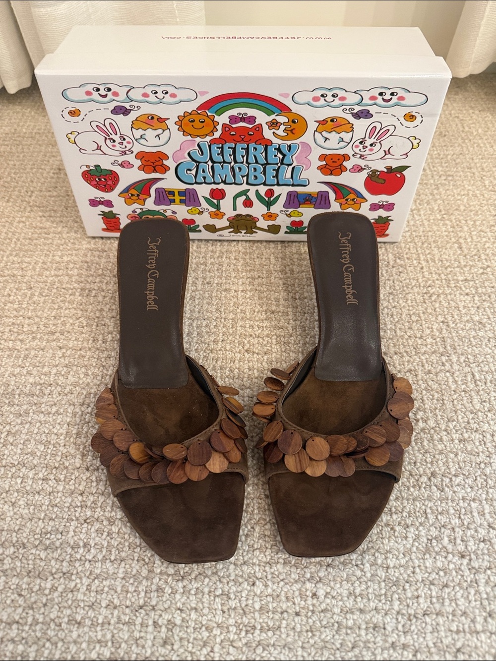 NEW Jeffrey Campbell Brown Suede Slide Mules with Wooden Petal Accents Size 9.5